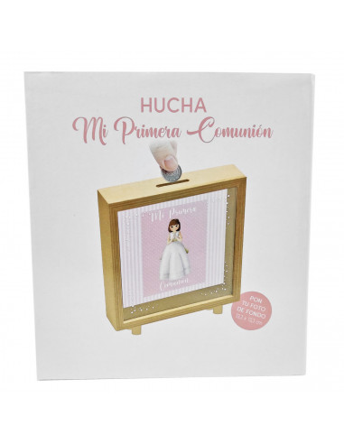 Tradineur - Hucha de Primera Comunión, madera y cristal estampado, personalizable con foto de 13,3 x 13,3 cm, regalo orignal, 16
