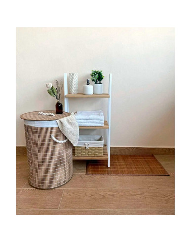 Tradineur - Cesto plegable redondo de bambú para ropa sucia, 1 compartimento, incluye asas, tapa y bolsa de tela extraíble y lav