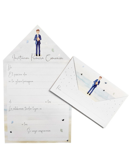 Tradineur - Pack de 40 invitaciones con diseño de sobre para Primera Comunión, papel, invitar amigos, familia, fiestas, celebrac