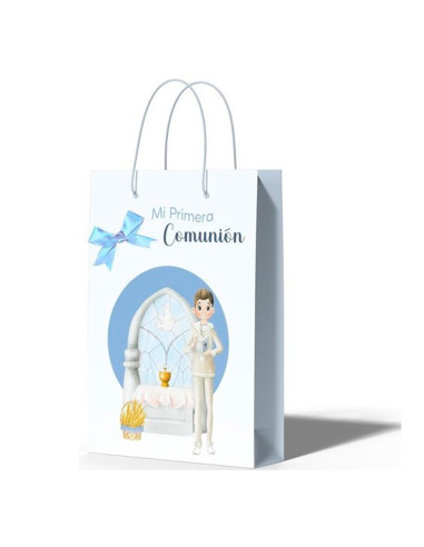 Tradineur - Pack de 12 bolsas pequeñas de papel para Primera Comunión, incluyen lazo azul, guardar regalos, fiestas, celebracion