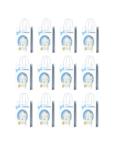 Tradineur - Pack de 12 bolsas pequeñas de papel para Primera Comunión, incluyen lazo azul, guardar regalos, fiestas, celebracion