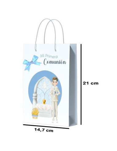 Tradineur - Pack de 12 bolsas pequeñas de papel para Primera Comunión, incluyen lazo azul, guardar regalos, fiestas, celebracion