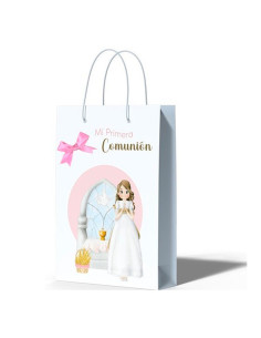 Tradineur - Pack de 12 bolsas medianas de papel para Primera Comunión, incluyen lazo rosa, guardar regalos, fiestas, celebracion