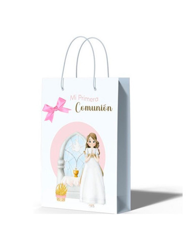 Tradineur - Pack de 12 bolsas medianas de papel para Primera Comunión, incluyen lazo rosa, guardar regalos, fiestas, celebracion