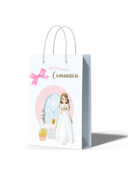 Tradineur - Pack de 12 bolsas medianas de papel para Primera Comunión, incluyen lazo rosa, guardar regalos, fiestas, celebracion