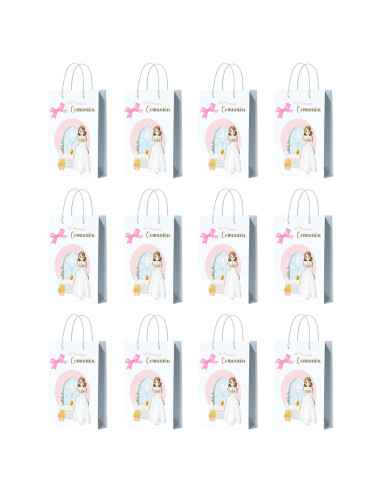 Tradineur - Pack de 12 bolsas medianas de papel para Primera Comunión, incluyen lazo rosa, guardar regalos, fiestas, celebracion