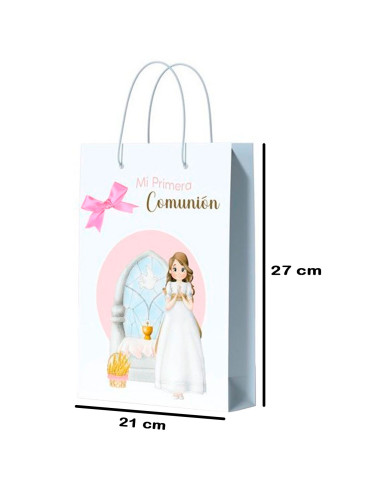 Tradineur - Pack de 12 bolsas medianas de papel para Primera Comunión, incluyen lazo rosa, guardar regalos, fiestas, celebracion