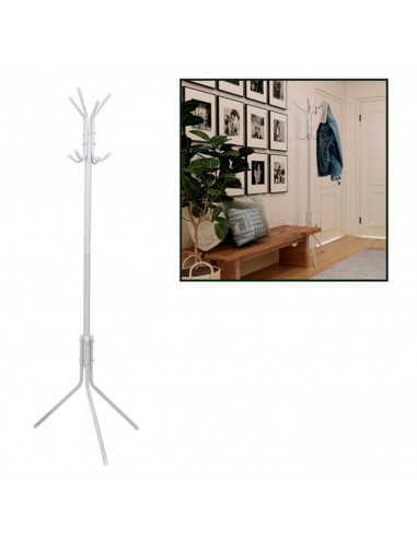 Tradineur - Perchero de pie metálico blanco 8 ganchos 170 x 48 cm. Soporte para abrigos y sombreros, estilo minimalista, para re