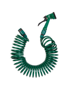 Tradineur - Manguera de riego con espiral + Pistola de Riego - Longitud de 15 Metros - 5 Modos de Riego - Adaptador ABS para gri