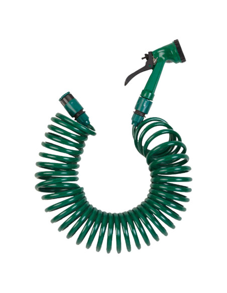Tradineur - Manguera de riego con espiral + Pistola de Riego - Longitud de 15 Metros - 5 Modos de Riego - Adaptador ABS para gri