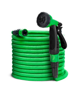 Tradineur - Manguera de riego con espiral + Pistola de Riego - Longitud de 7,5 Metros - 6 Modos de Riego - Adaptador ABS para gr