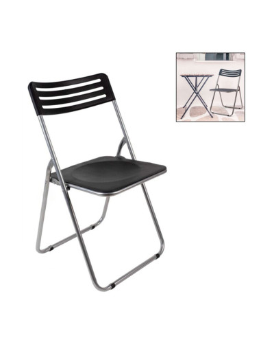 Tradineur - Silla plegable de metal, asiento y respaldo de PVC, patas antideslizantes, jardín, camping, hogar (Negro - 80 x 42 x
