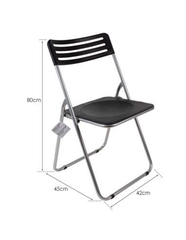 Tradineur - Silla plegable de metal, asiento y respaldo de PVC, patas antideslizantes, jardín, camping, hogar (Negro - 80 x 42 x