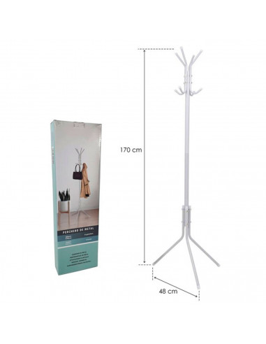 Tradineur - Perchero de pie metálico blanco 8 ganchos 170 x 48 cm. Soporte para abrigos y sombreros, estilo minimalista, para re