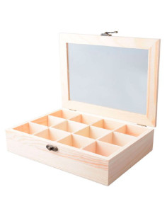 Tradineur - Caja de madera con 12 compartimentos y tapa con cristal, joyero, expositor de joyas, organizador, collares, anillos,