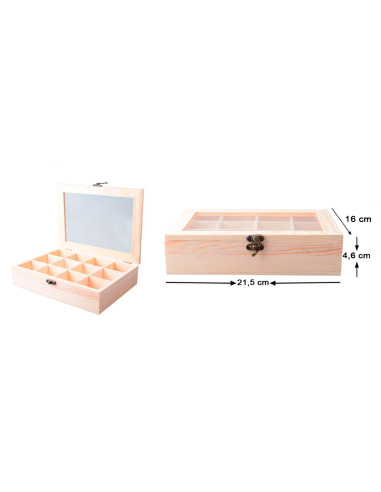 Tradineur - Caja de madera con 12 compartimentos y tapa con cristal, joyero, expositor de joyas, organizador, collares, anillos,