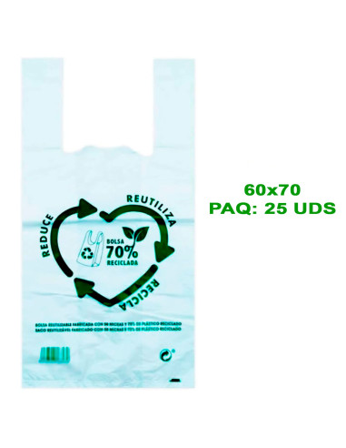 Tradineur - Pack de 25 bolsas de plástico tipo camiseta, reutilizables, gran resistencia, cumplen normativa, aptas para uso alim