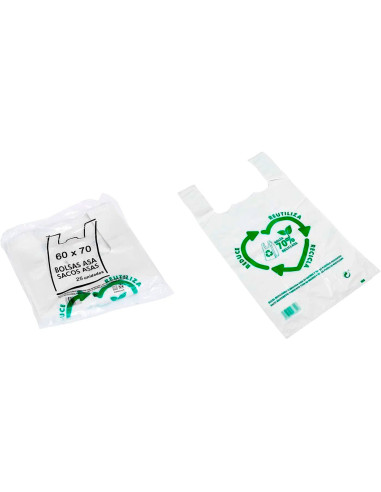 Tradineur - Pack de 25 bolsas de plástico tipo camiseta, reutilizables, gran resistencia, cumplen normativa, aptas para uso alim