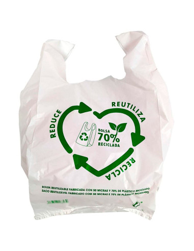 Tradineur - Pack de 25 bolsas de plástico tipo camiseta, reutilizables, gran resistencia, cumplen normativa, aptas para uso alim