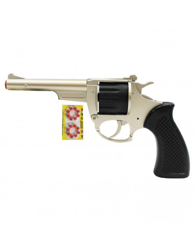 Tradineur- Pistola de juguete "Kansas" con 32 fulminantes, 17 x 9 cm, revólver recargable con disparos sonoros, 4 discos de 8 fu