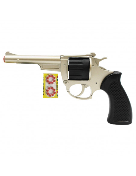 Tradineur- Pistola de juguete "Kansas" con 32 fulminantes, 17 x 9 cm, revólver recargable con disparos sonoros, 4 discos de 8 fu