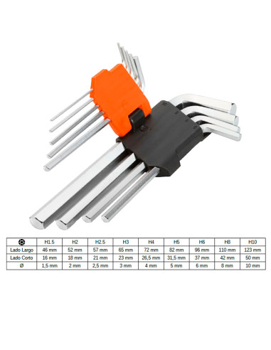 Tradineur - Juego de llaves Allen de 9 piezas - Fabricado en Hierro - Llaves de H1.5, H2, H2.5, H3, H4, H5, H6, H8, H10 - Herram