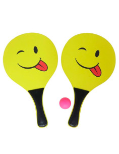 Tradineur - Set de palas de playa carita sonriente, madera, incluye pelota, mango recubierto de plástico, raquetas, deporte, air