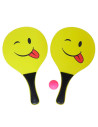 Tradineur - Set de palas de playa carita sonriente, madera, incluye pelota, mango recubierto de plástico, raquetas, deporte, air