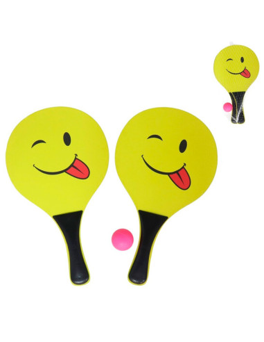 Tradineur - Set de palas de playa carita sonriente, madera, incluye pelota, mango recubierto de plástico, raquetas, deporte, air