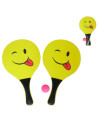 Tradineur - Set de palas de playa carita sonriente, madera, incluye pelota, mango recubierto de plástico, raquetas, deporte, air