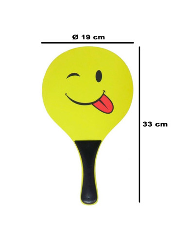 Tradineur - Set de palas de playa carita sonriente, madera, incluye pelota, mango recubierto de plástico, raquetas, deporte, air