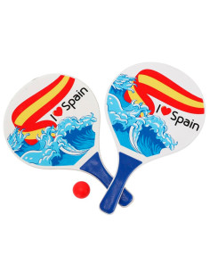 Tradineur - Set de palas de playa, diseño España, I Love Spain, madera, incluye pelota, mango recubierto de plástico, raquetas,
