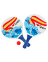 Tradineur - Set de palas de playa, diseño España, I Love Spain, madera, incluye pelota, mango recubierto de plástico, raquetas,