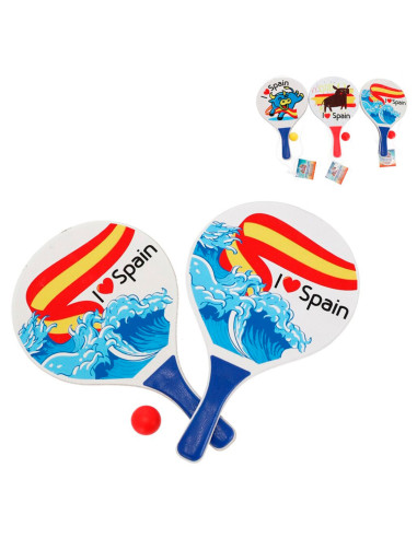 Tradineur - Set de palas de playa, diseño España, I Love Spain, madera, incluye pelota, mango recubierto de plástico, raquetas,