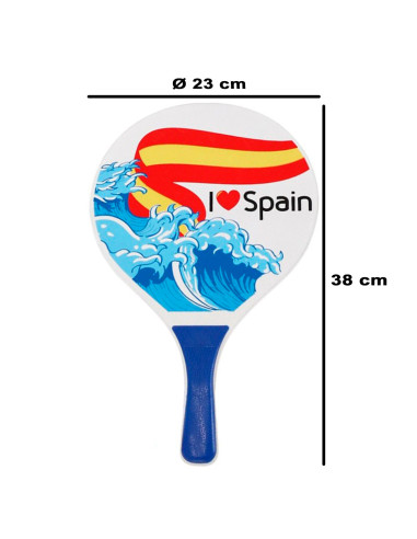 Tradineur - Set de palas de playa, diseño España, I Love Spain, madera, incluye pelota, mango recubierto de plástico, raquetas,