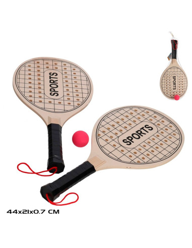 Tradineur - Set de palas de playa, modelo Sports, madera, incluye pelota, superficie con agujeros, mango forrado, raquetas, depo