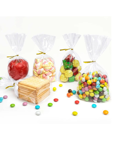 Tradineur - 6 paquetes de 18 bolsas transparentes de plástico para caramelos, envolver galletas, chuches, fiestas, cumpleaños, r