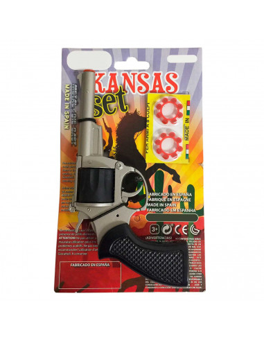 Tradineur- Pistola de juguete "Kansas" con 32 fulminantes, 17 x 9 cm, revólver recargable con disparos sonoros, 4 discos de 8 fu