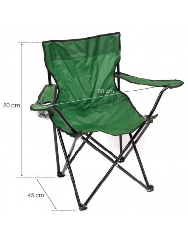 Tradineur - Silla de camping plegable con reposabrazos y portavasos, acero y poliéster, incluye bolsa de transporte, máximo 90 k