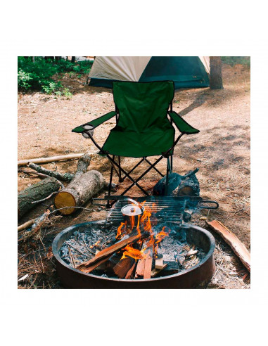 Tradineur - Silla de camping plegable con reposabrazos y portavasos, acero y poliéster, incluye bolsa de transporte, máximo 90 k