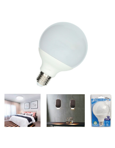 Tradineur - Bombilla LED estándar grande, globo, G95, E27, 15W equivalente a 135W, 1633 lúmenes, 6500K, luz blanca fría, eficien