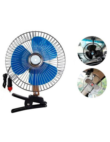 Tradineur - Ventilador oscilante para coche, pinza ajustable, 12V, 8W, cable de 1,7 m para mechero, 3 aspas, portátil, Ø 18 cm,