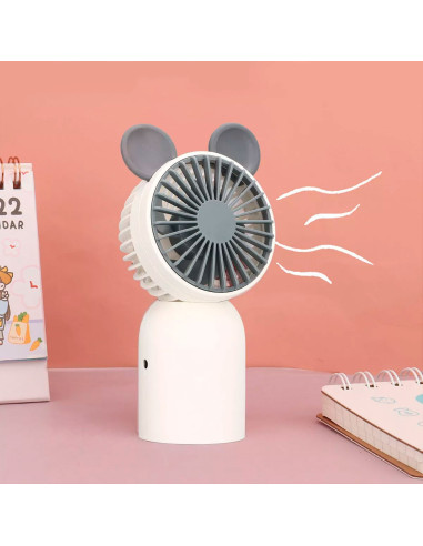 Tradineur - Mini ventilador recargable portátil de mano, orejas de ratón, 2W, 1 velocidad, batería interna y cable USB, diseño c