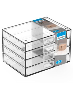 Tradineur - Mini cajonera transparente A6 con 4 cajones, plástico, organizador de cosméticos, maquillaje, accesorios de costura,