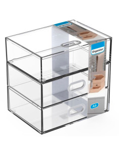 Tradineur - Mini cajonera transparente A6 con 3 cajones, plástico, organizador de cosméticos, maquillaje, accesorios de costura,