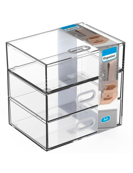 Tradineur - Mini cajonera transparente A6 con 3 cajones, plástico, organizador de cosméticos, maquillaje, accesorios de costura, Tradineur - Mini cajonera transparente A6 con 3 cajones, plástico, organizador de cosméticos, maquillaje, accesorios de costura,