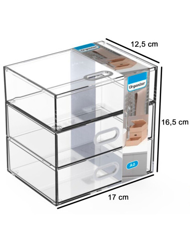 Tradineur - Mini cajonera transparente A6 con 3 cajones, plástico, organizador de cosméticos, maquillaje, accesorios de costura,