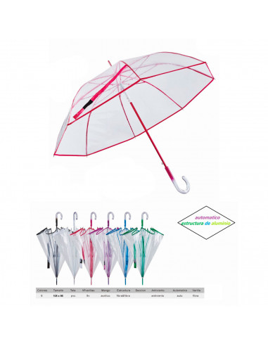 Tradineur - Paraguas transparente largo de mujer, PVC, mango acristalado, automático, antiviento, 8 varillas de fibra, ligero y