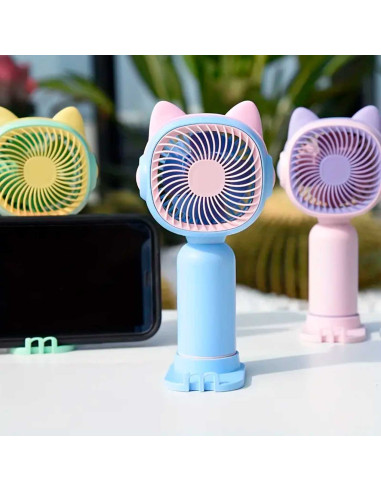 Tradineur - Mini ventilador recargable portátil de mano, orejas de gato, 1,5W, 1 velocidad, batería interna y cable USB, diseño