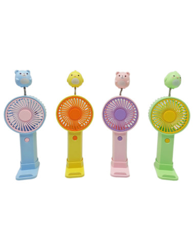 Tradineur - Mini ventilador recargable portátil de mano, muelle con animales, 1,5W, 1 velocidad, batería interna y cable USB, co